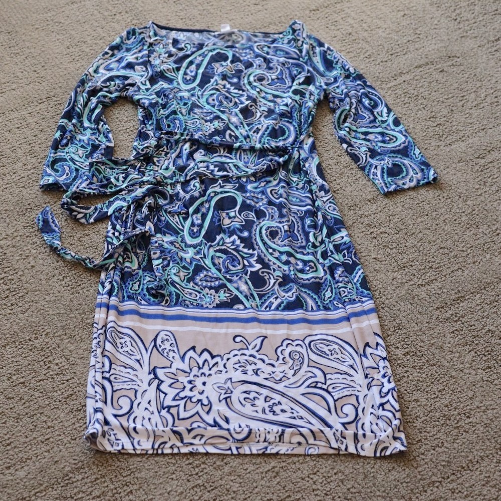 EUC Pea in the Pod Maternity Dress Navy Teal Belted Business Career Church S